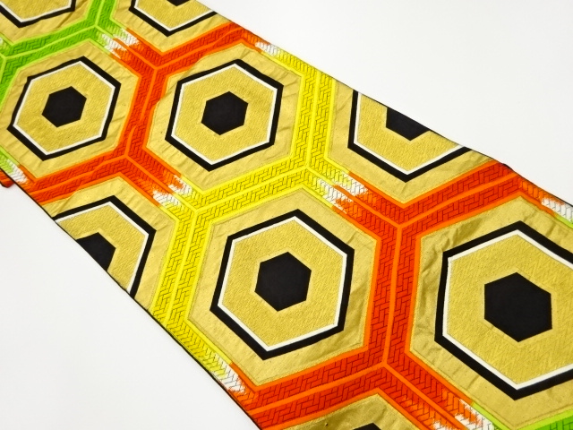 リサイクル　重ね亀甲模様織出し袋帯